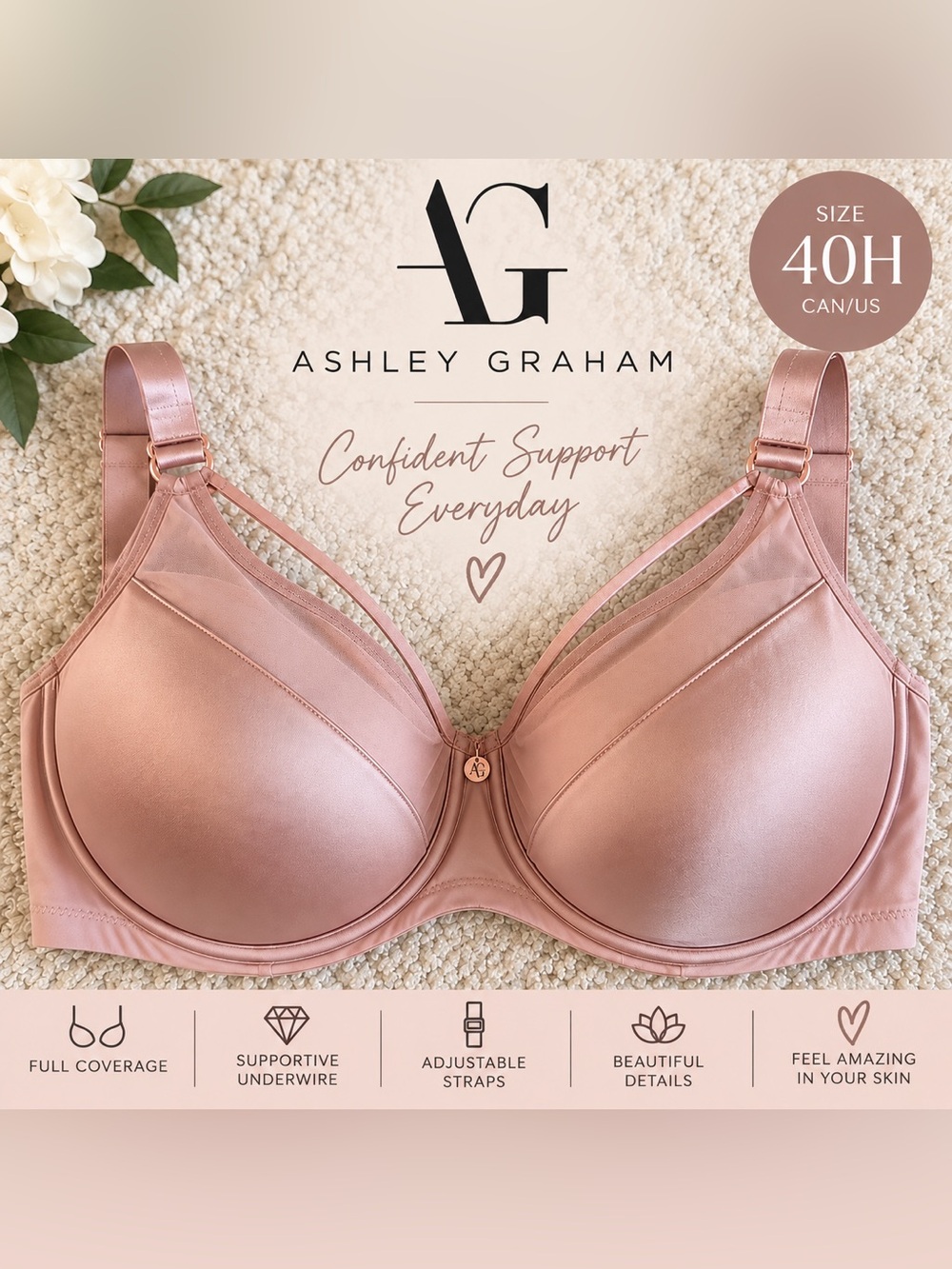 Ashley Graham Underwire Full Coverage Bra — Dusty Rose